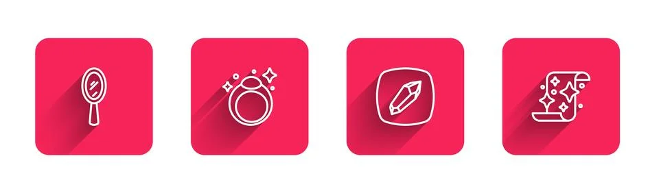 Set line Magic hand mirror, stone ring,  and scroll with long shadow. Red s.. Stock Illustration