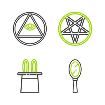Set line Magic hand mirror, Magician hat rabbit ears, Pentagram in circle a.. Stock Illustration