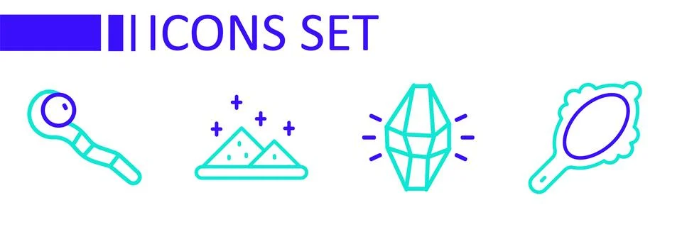 Set line Magic hand mirror, stone, powder and staff icon. Vector Stock Illustration