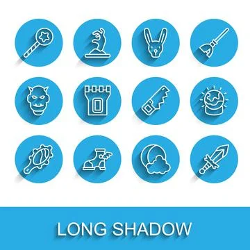 Set line Magic hand mirror, Hermes sandal, wand, Moon stars, Medieval sword.. Ilustración de archivo