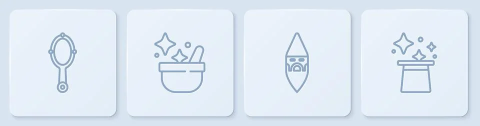Set line Magic hand mirror, Wizard warlock, Witch cauldron and hat. White s.. Stock Illustration