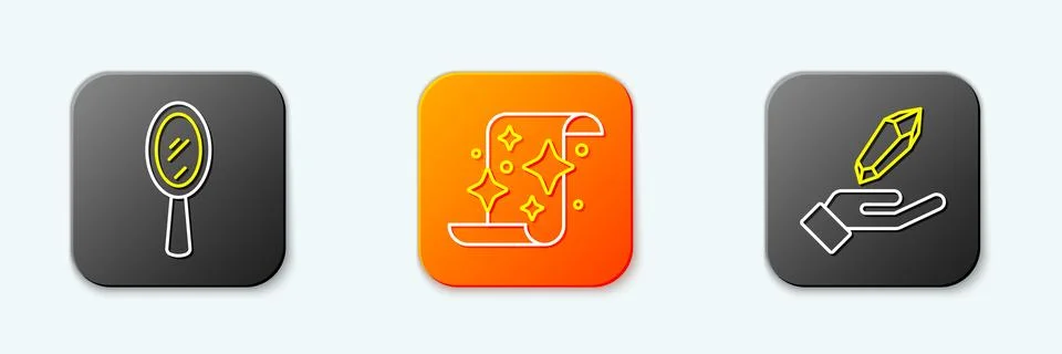 Set line Magic hand mirror, scroll and stone icon. Vector Stock Illustration