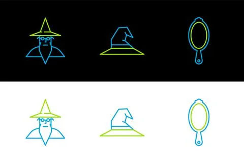 Set line Magic hand mirror, Wizard warlock and Witch hat icon. Vector Illustrazione stock