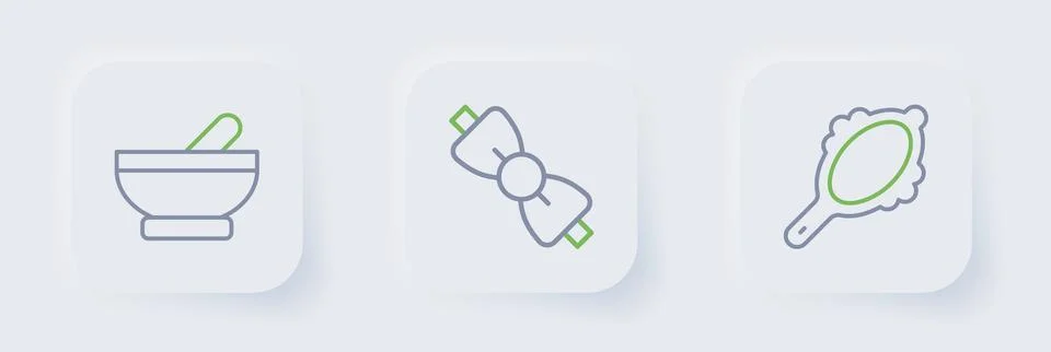 Set line Magic hand mirror, Bow tie and Witch cauldron icon. Vector Stock Illustration