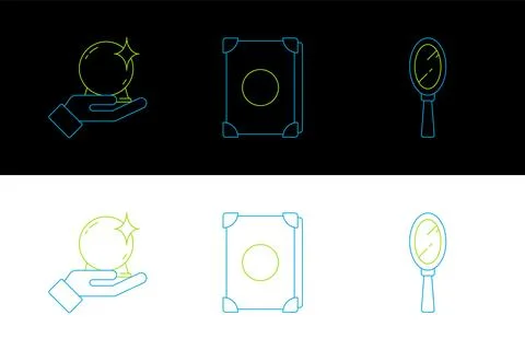 Set line Magic hand mirror, ball on and Ancient magic book icon. Vector Stock Illustration