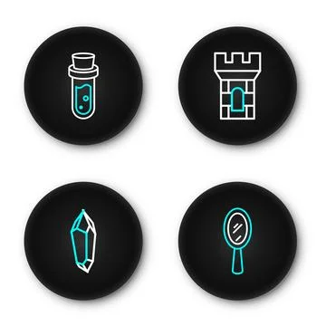 Set line Magic hand mirror, stone, Castle tower and Bottle with potion icon.. Stock Illustration