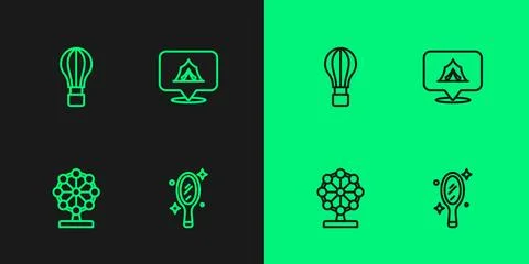 Set line Magic hand mirror, Ferris wheel, Hot air balloon and Circus tent i.. Ilustração Stock