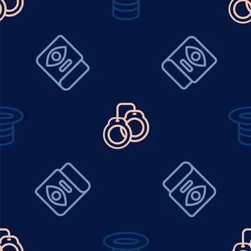 Set line Magic hat, Ancient magic book and Handcuffs on seamless pattern. Vector Stock Illustration