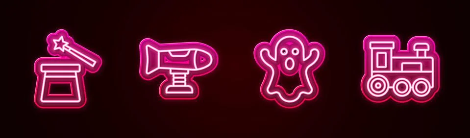 Set line Magic hat and wand, Swing plane, Ghost and Toy train. Glowing neon icon Stock Illustration