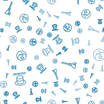 Set line Magic hat and wand, Witches broom and Moon stars on seamless pattern Stock Illustration