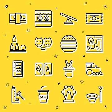 Set line Magic hat and wand, Toy train, Amusement park map, Seesaw, Comedy Ilustração Stock