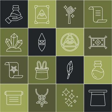 Set line Magic hat, Bottle with potion, carpet, staff, Wizard warlock, ston.. Stock Illustration