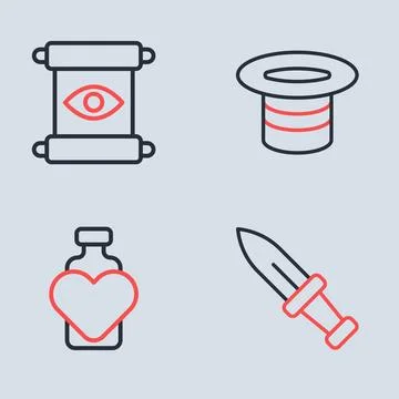 Set line Magic hat, Bottle with love potion, Dagger and scroll icon. Vector Illustrazione stock