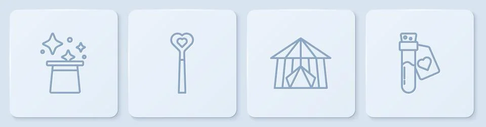 Set line Magic hat, Circus tent, wand and Bottle with love potion. White square Illustrazione stock
