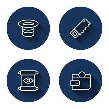 Set line Magic hat, Hand saw, scroll and Wallet with long shadow. Blue circle Stock Illustration