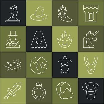 Set line Magic hat, Rabbit with ears, Unicorn, Hand holding fire, Ghost, Ma.. Stock Illustration