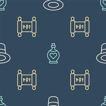 Set line Magic hat, scroll and Bottle with love potion on seamless pattern Stock Illustration