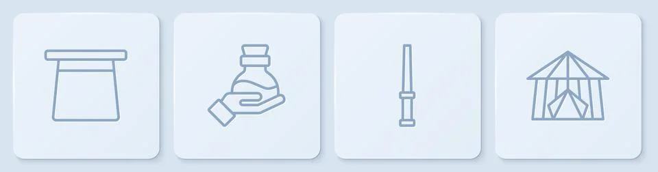 Set line Magic hat, wand, Bottle with potion and Circus tent. White square Illustrazione stock