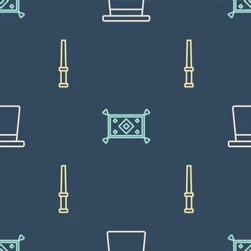 Set line Magic hat, wand and carpet on seamless pattern. Vector Stock Illustration