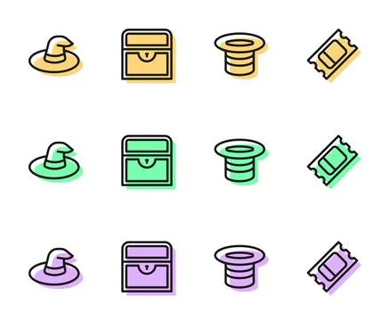 Set line Magic hat, Witch, Antique treasure chest and Circus ticket icon. Vector Stock Illustration