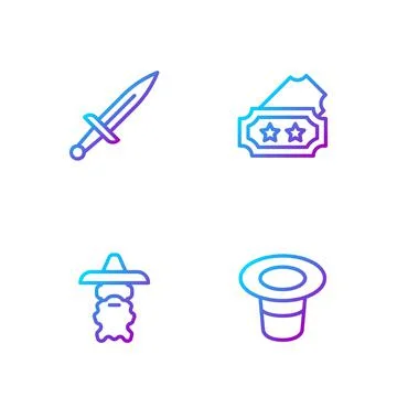 Set line Magic hat, Wizard warlock, Dagger and Ticket. Gradient color icons Ilustração Stock