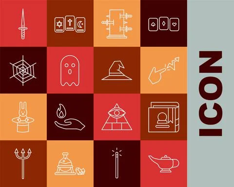 Set line Magic lamp or Aladdin, Ancient magic book, Spell, Trunk for tricks Stock Illustration