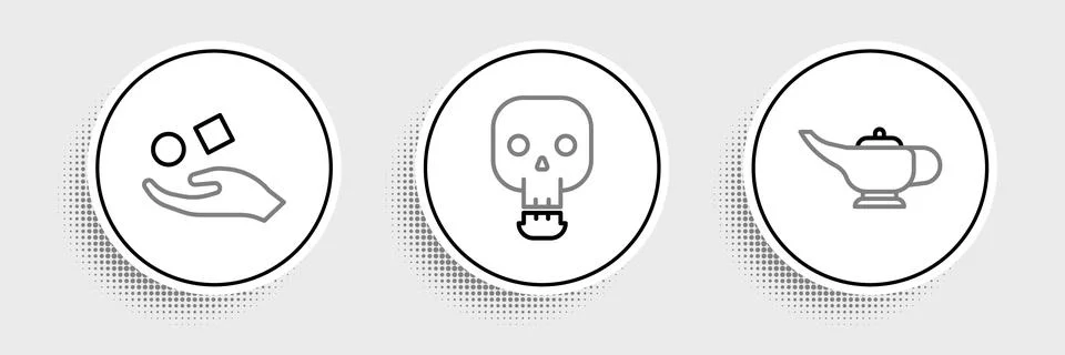 Set line Magic lamp or Aladdin, Cube levitating above hand and Skull icon Illustrazione stock