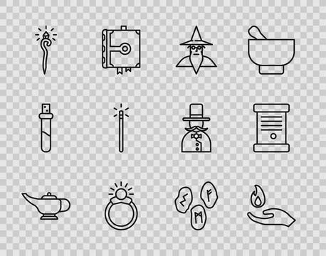 Set line Magic lamp or Aladdin, Hand holding fire, Wizard warlock, stone ring Stock Illustration