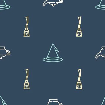 Set line Magic lamp or Aladdin, Witches broom and hat on seamless pattern Stock Illustration