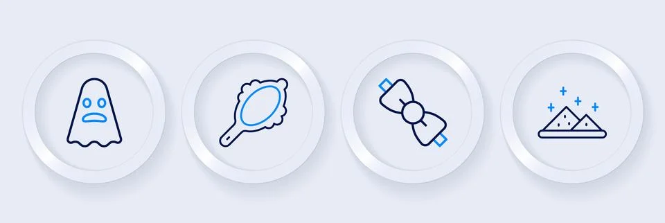 Set line Magic powder, Bow tie, hand mirror and Ghost icon. Vector Illustration