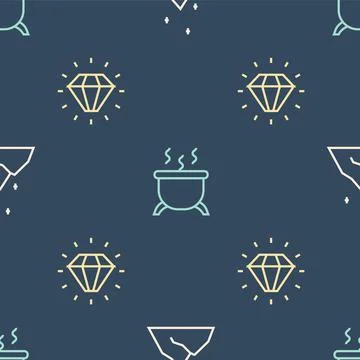 Set line Magic powder, Diamond and Witch cauldron on seamless pattern. Vector イラスト素材