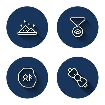 Set line Magic powder, Medallion on chain with eye, runes and Bow tie with long Stock Illustration