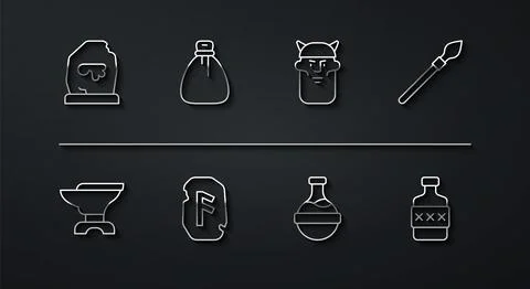 Set line Magic rune, Anvil for blacksmithing, Medieval spear, Bottle with p.. Stock Illustration