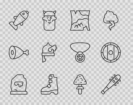 Set line Magic rune Mace with spikes Folded map Ancient viking boots Fish Vik Stock Illustration