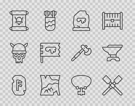 Set line Magic rune, Oars or paddles boat, Folded map, Decree, parchment, scroll Stock Illustration