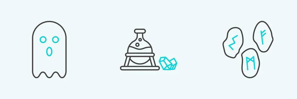 Set line Magic runes, Ghost and Witch cauldron and magic stone icon. Vector Stock Illustration