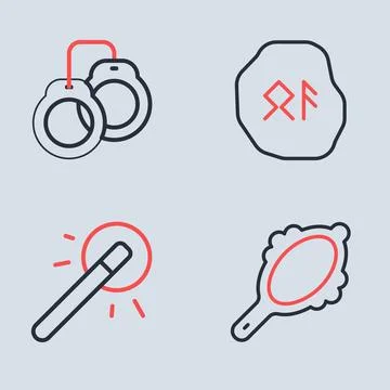 Set line Magic runes, wand, hand mirror and Handcuffs icon. Vector Stock Illustration