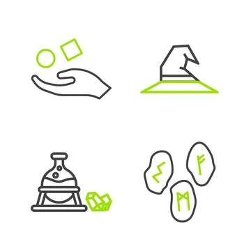 Set line Magic runes, Witch cauldron and magic stone, hat and Cube levitati.. Stock Illustration