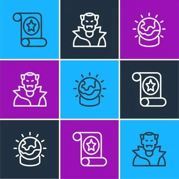 Set line Magic scroll, ball and Vampire icon. Vector 스톡 일러스트