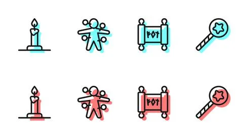 Set line Magic scroll, Burning candle in candlestick, Voodoo doll and wand icon 스톡 일러스트