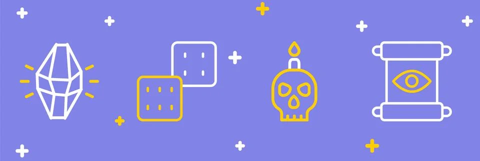 Set line Magic scroll, Burning candle on skull, Game dice and stone icon. V.. Stock Illustration