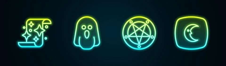 Set line Magic scroll, Ghost, Pentagram in circle and Moon and stars. Glowi.. Stock Illustration
