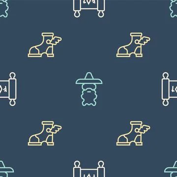 Set line Magic scroll, Hermes sandal and Wizard warlock on seamless pattern Illustrazione stock
