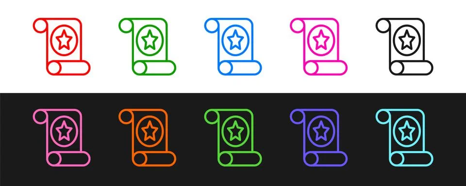 Set line Magic scroll icon isolated on black and white background. Decree, paper Ilustração Stock