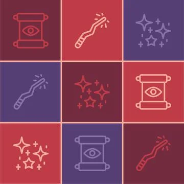 Set line Magic scroll, Magical glitter particles and wand icon. Vector Illustrazione stock