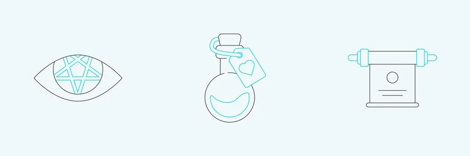 Set line Magic scroll, Pentagram and Bottle with love potion icon. Vector Illustrazione stock