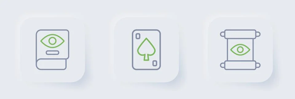 Set line Magic scroll, Playing cards and Ancient magic book icon. Vector Illustrazione stock