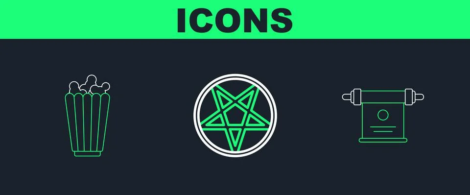 Set line Magic scroll, Popcorn in box and Pentagram circle icon. Vector Stock Illustration
