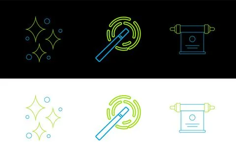 Set line Magic scroll, Sparkle stars with magical glitter and wand icon. Vector Stock Illustration
