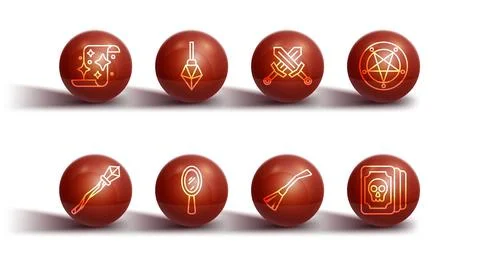 Set line Magic scroll, staff, Pentagram in circle, Witches broom, hand mirror Stock Illustration